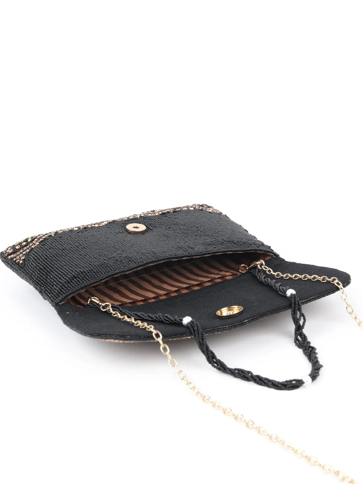 Odette Black And Gold Fabric Beaded Envelope Clutch For Women