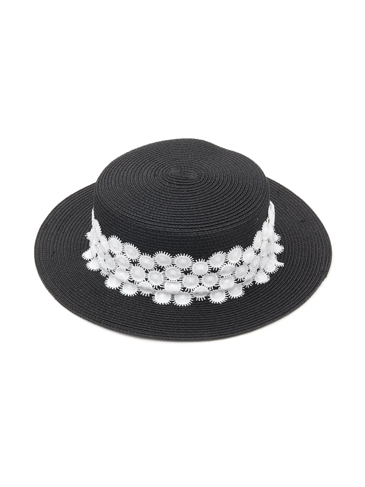 Odette Black and White Embellished Straw Boater Hat for Women