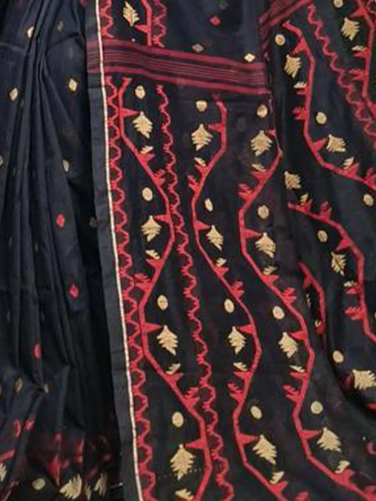 Odette Black  Cotton Jamdani Saree  With Unstitched Blouse for Women