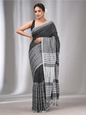 Odette Black Cotton Saree With Unstitched Blouse For Women