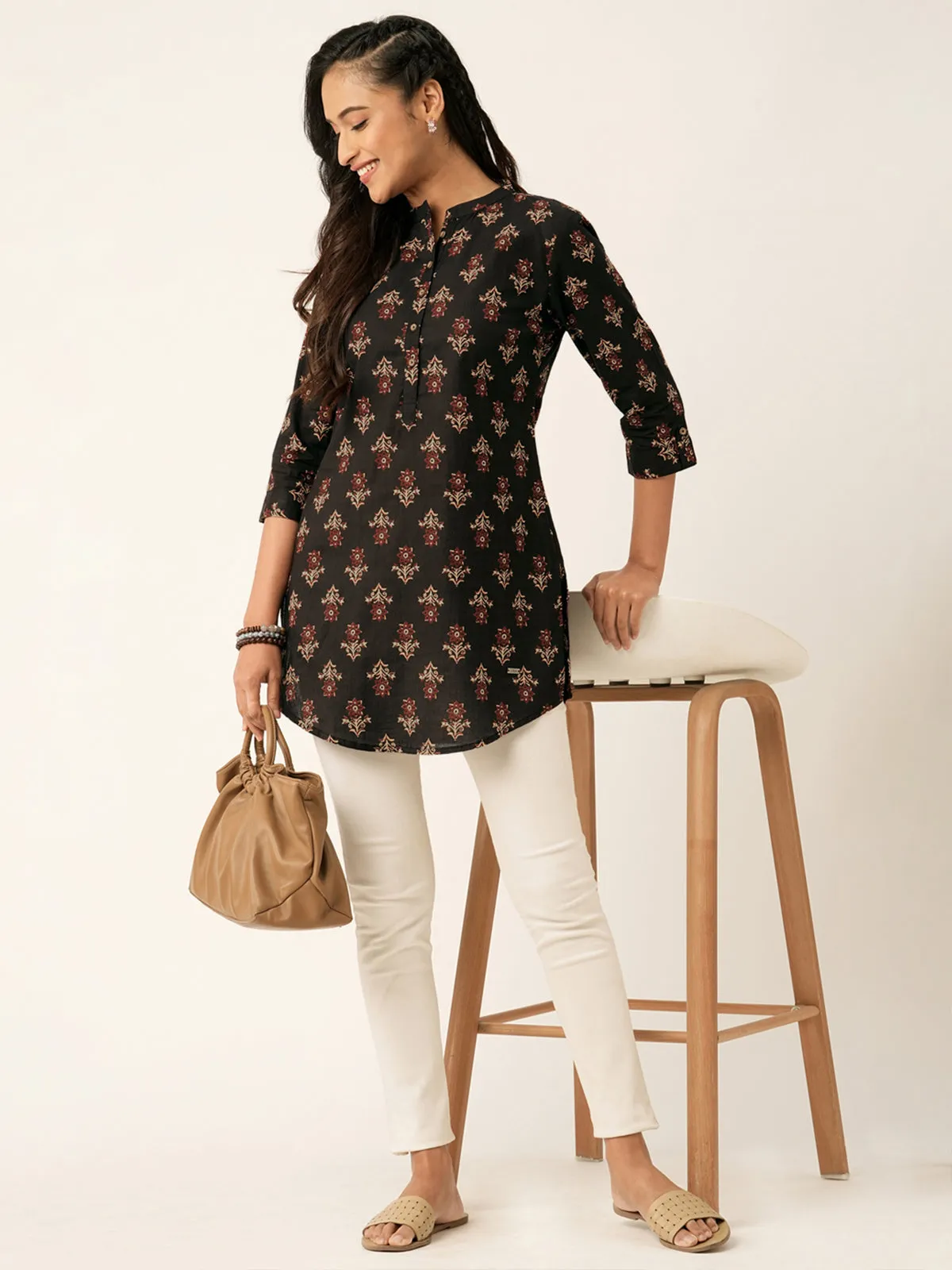 Odette Black Cotton Stitched Short Kurta For Women