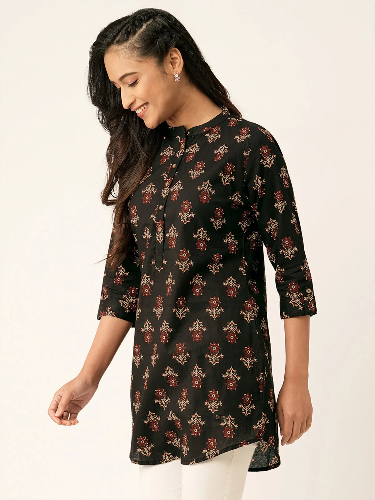 Odette Black Cotton Stitched Short Kurta For Women