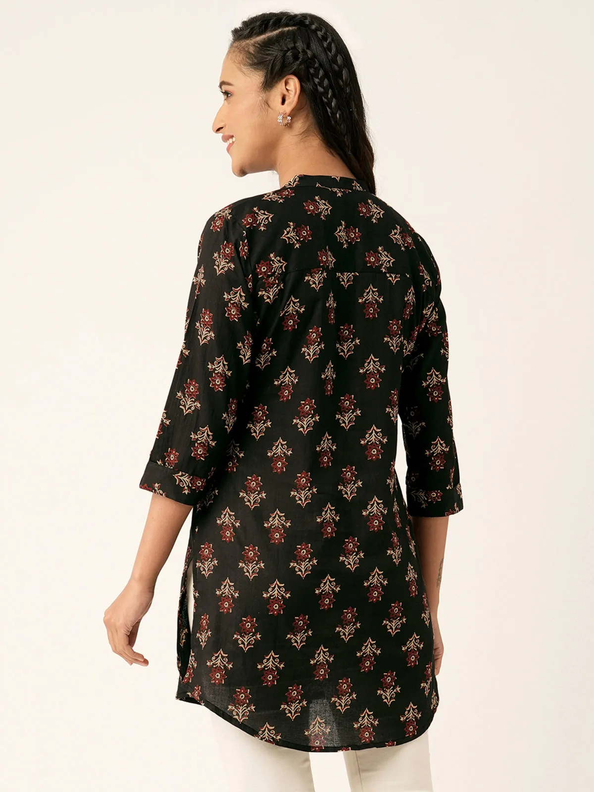 Odette Black Cotton Stitched Short Kurta For Women