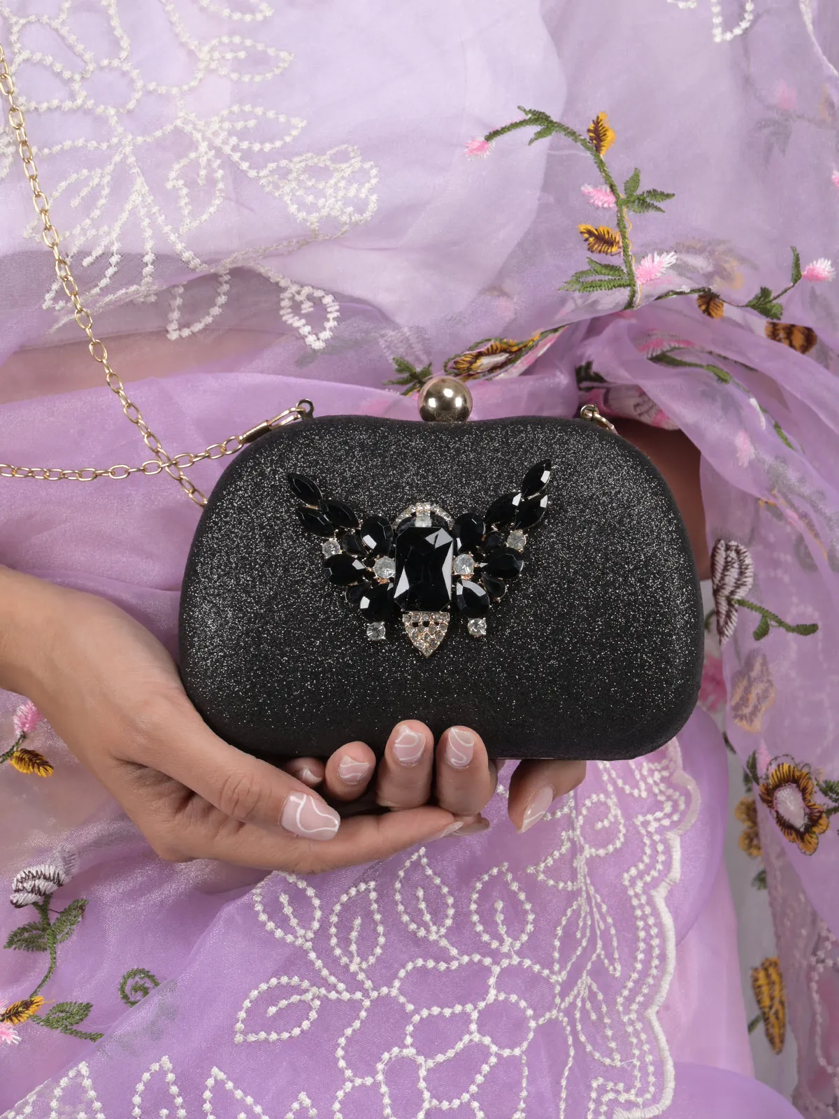 Odette Black Faux Stone Embellished Shimmer Clutch for Women