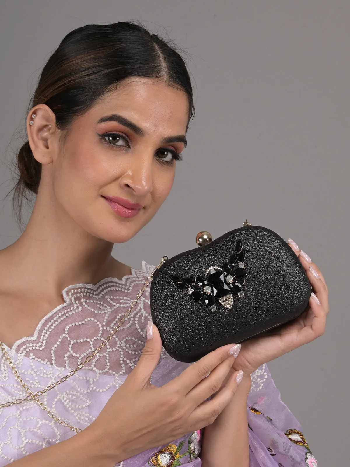 Odette Black Faux Stone Embellished Shimmer Clutch for Women