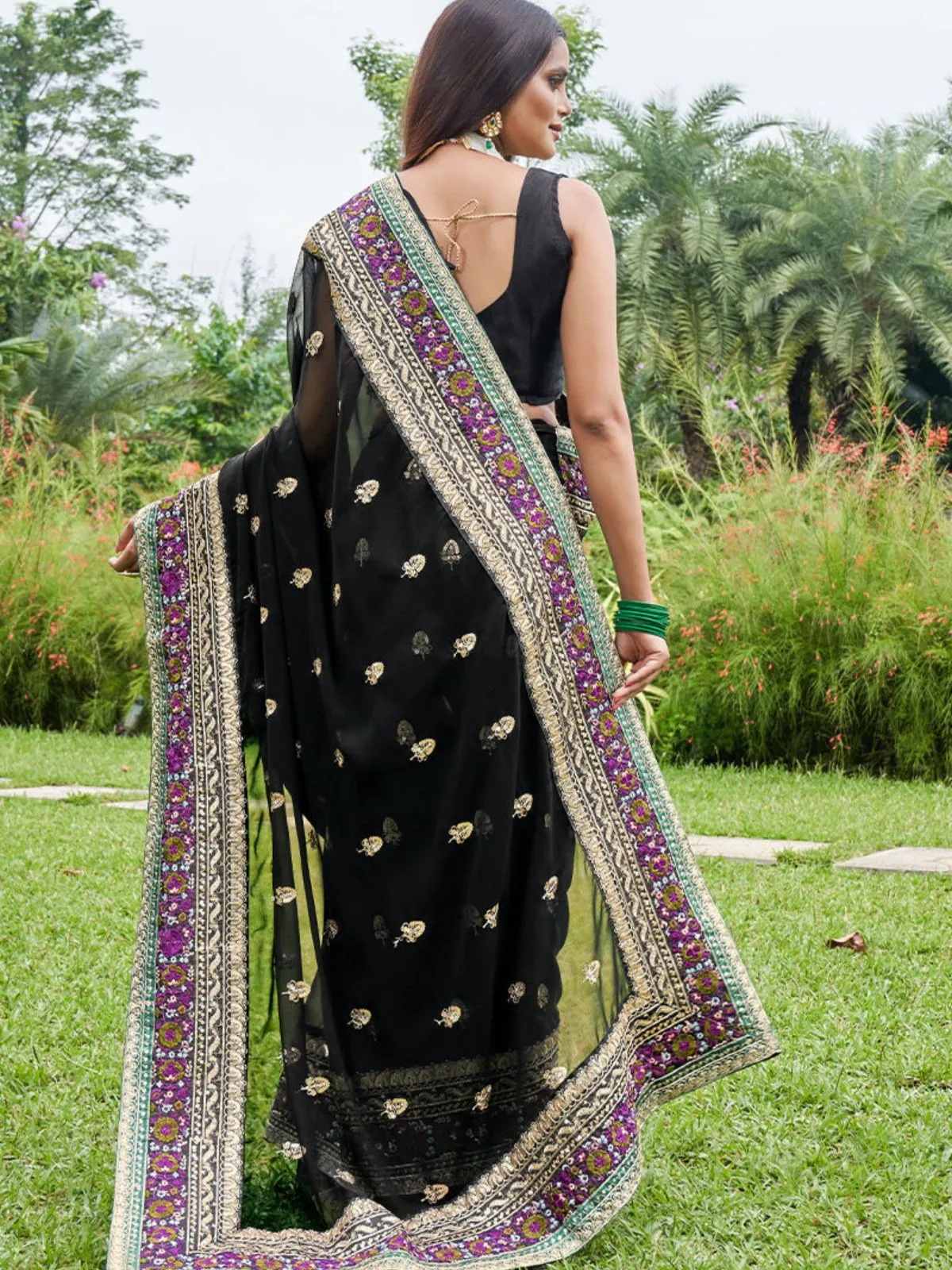 Odette Black Georgette Embroidered Saree with Unstitched Blouse for Women