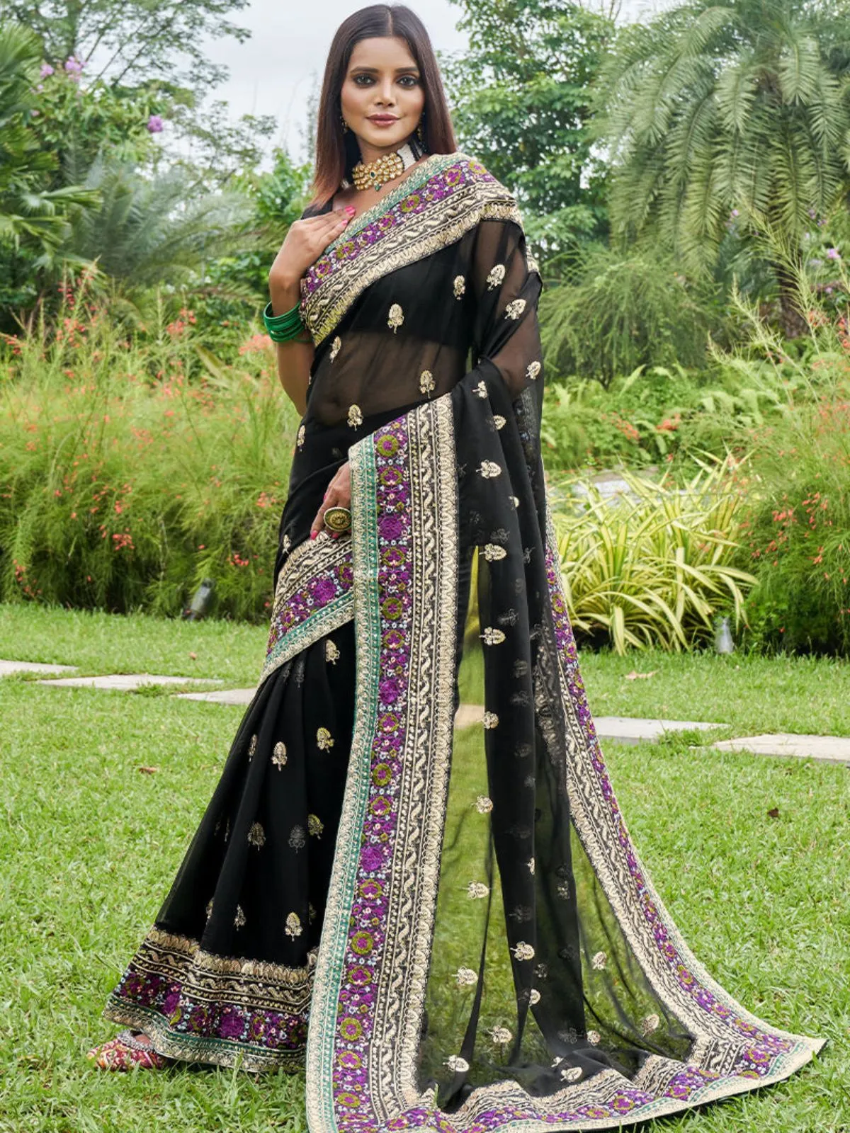 Odette Black Georgette Embroidered Saree with Unstitched Blouse for Women