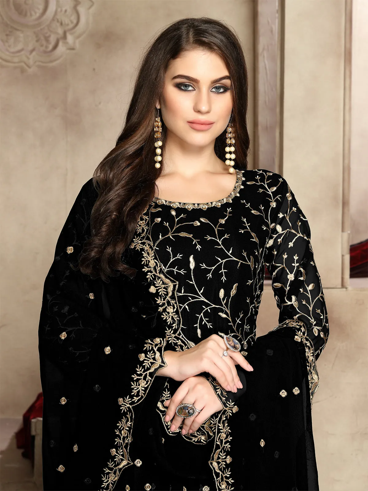 Odette Black Georgette Embroidered Semi stitched Kurta Set For Women