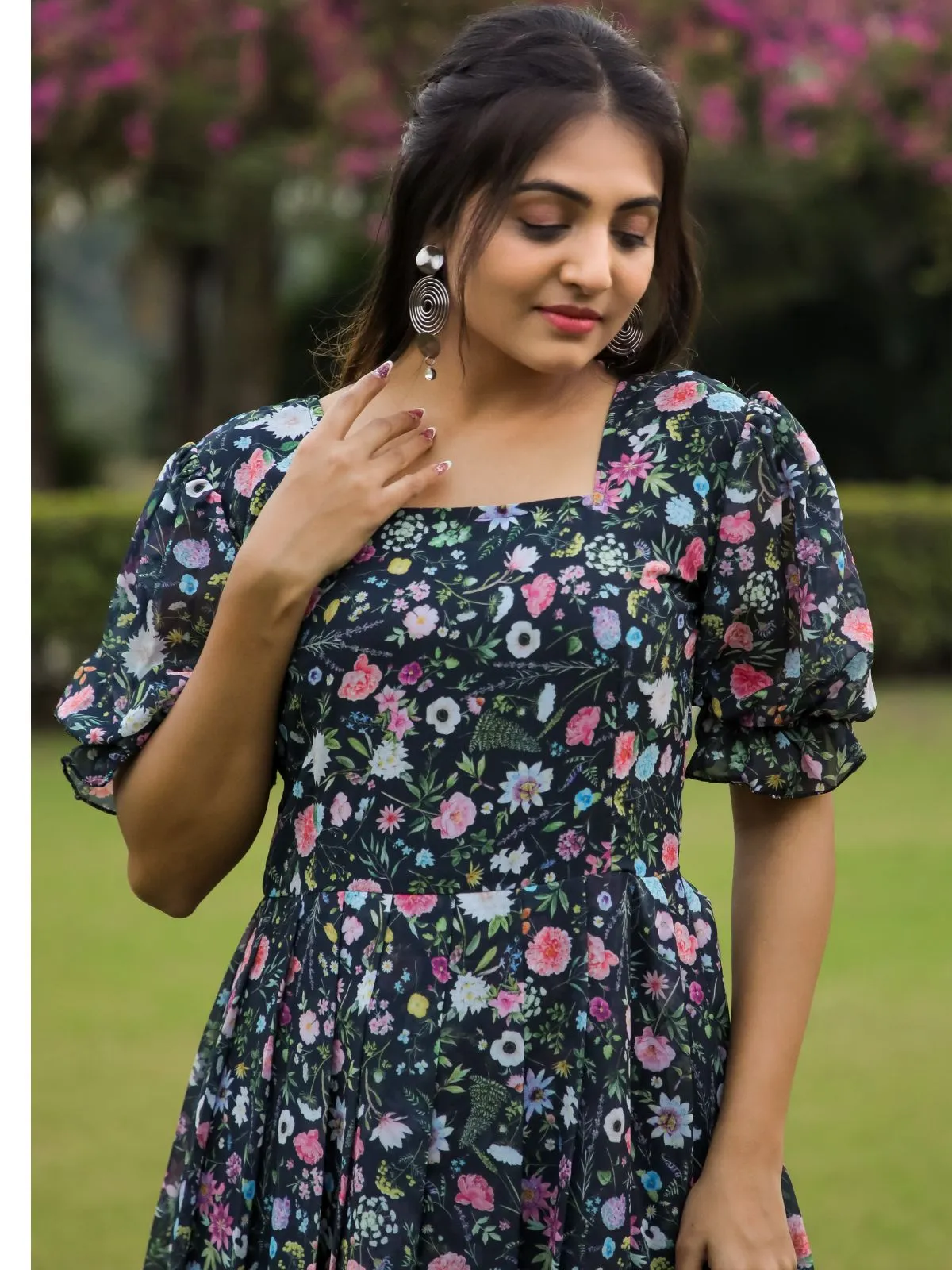 Odette Black Georgette Stitched Floral Printed Indo Western Dress For Women