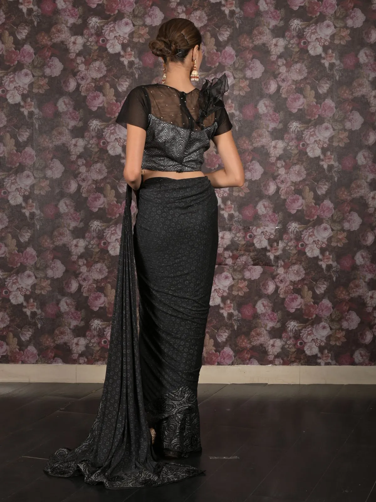 Odette Black Lycra Embellished Ready-To-Wear Saree With Stitched Blouse For Women