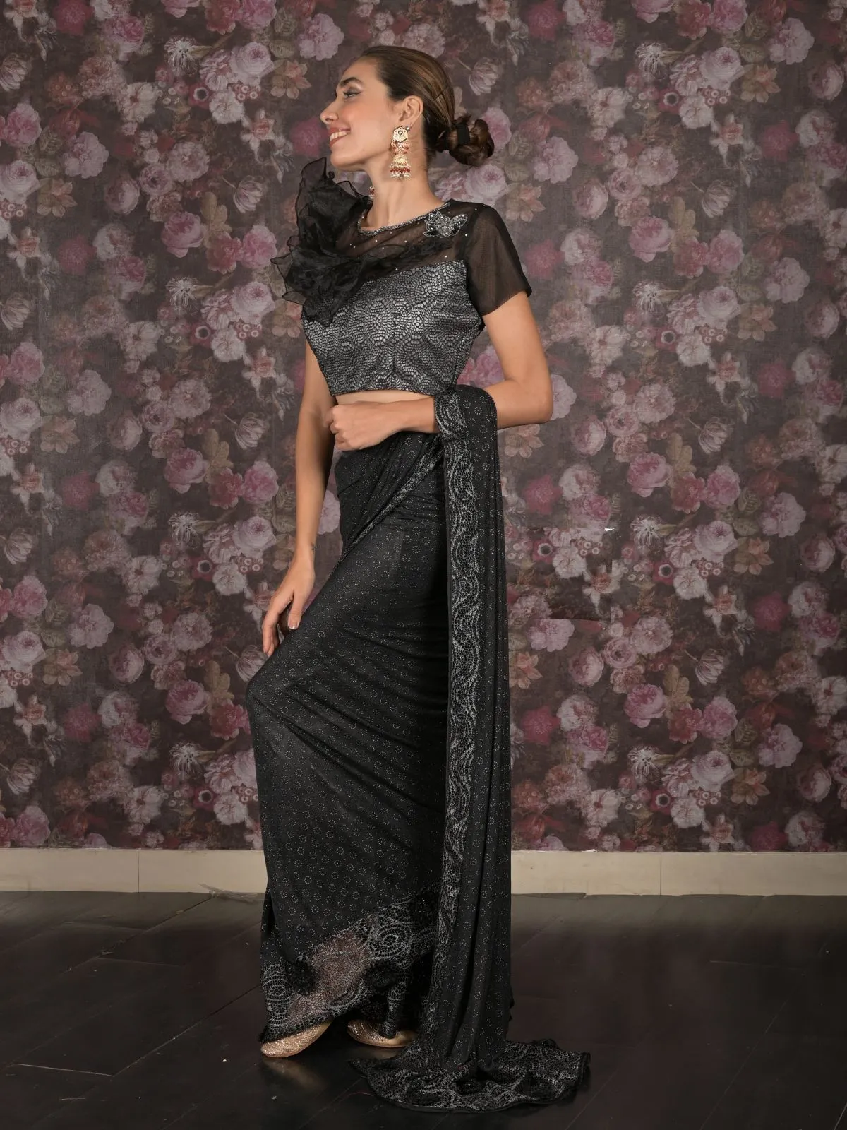 Odette Black Lycra Embellished Ready-To-Wear Saree With Stitched Blouse For Women