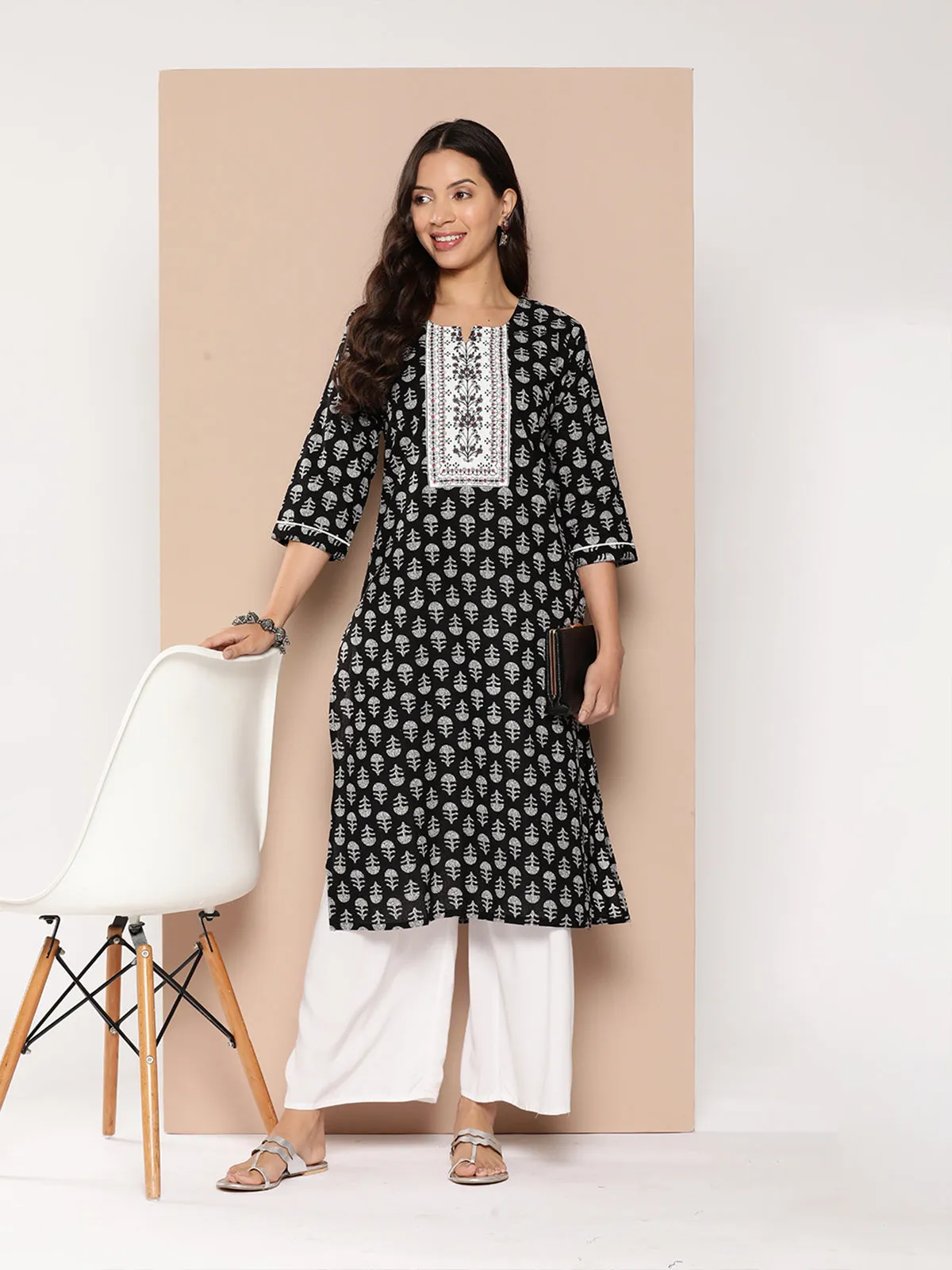 Odette Black Muslin Stitched Kurta for Women