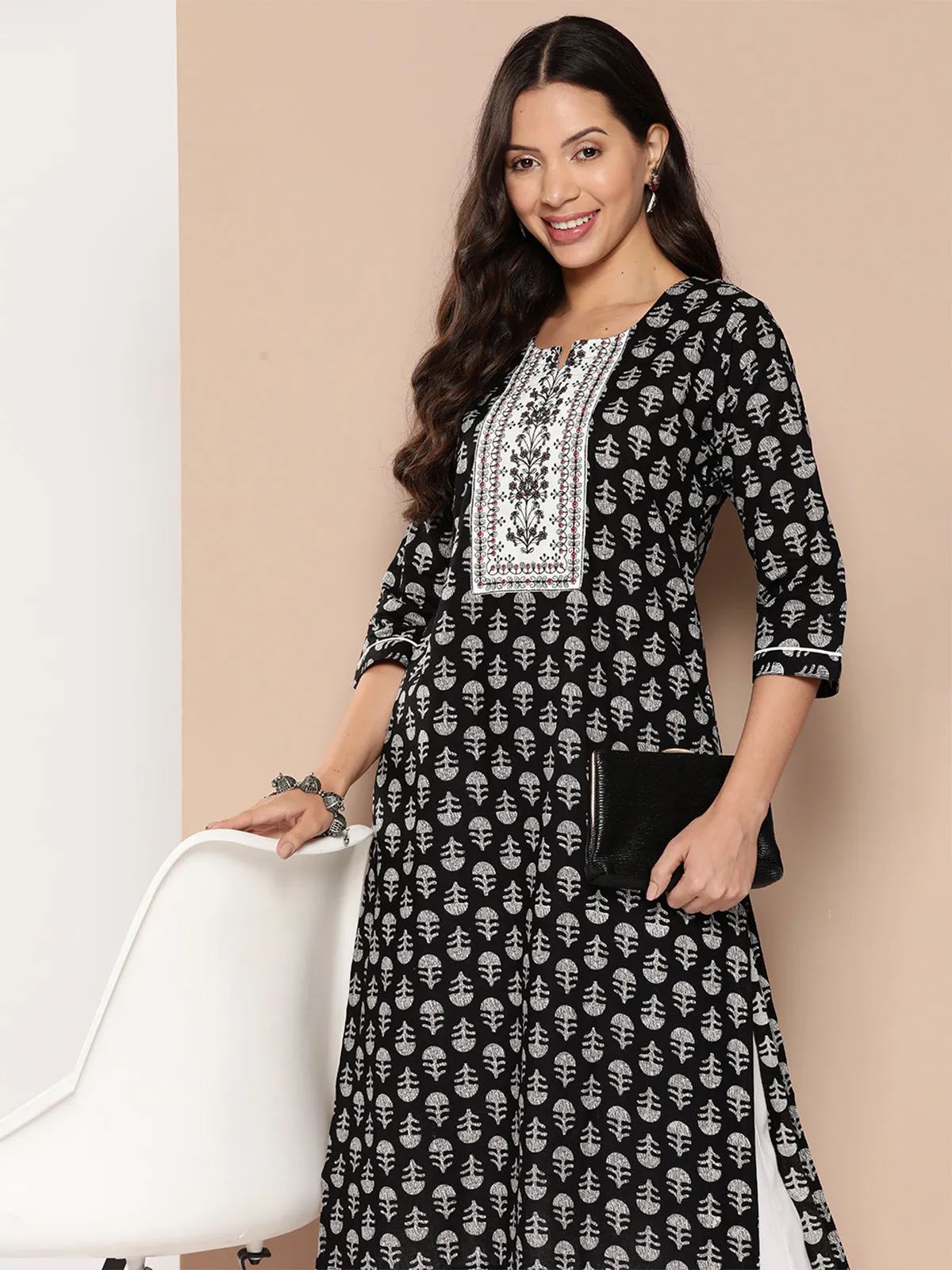 Odette Black Muslin Stitched Kurta for Women