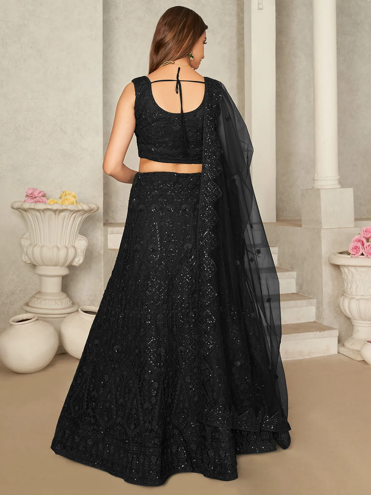 Odette Black Net Embellished Semi Stitched Lehenga With Unstitched Blouse for Women