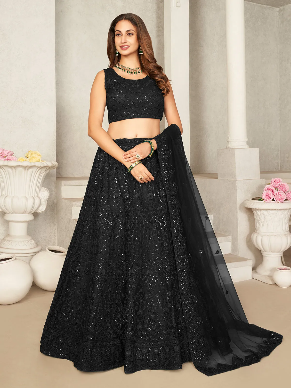 Odette Black Net Embellished Semi Stitched Lehenga With Unstitched Blouse for Women