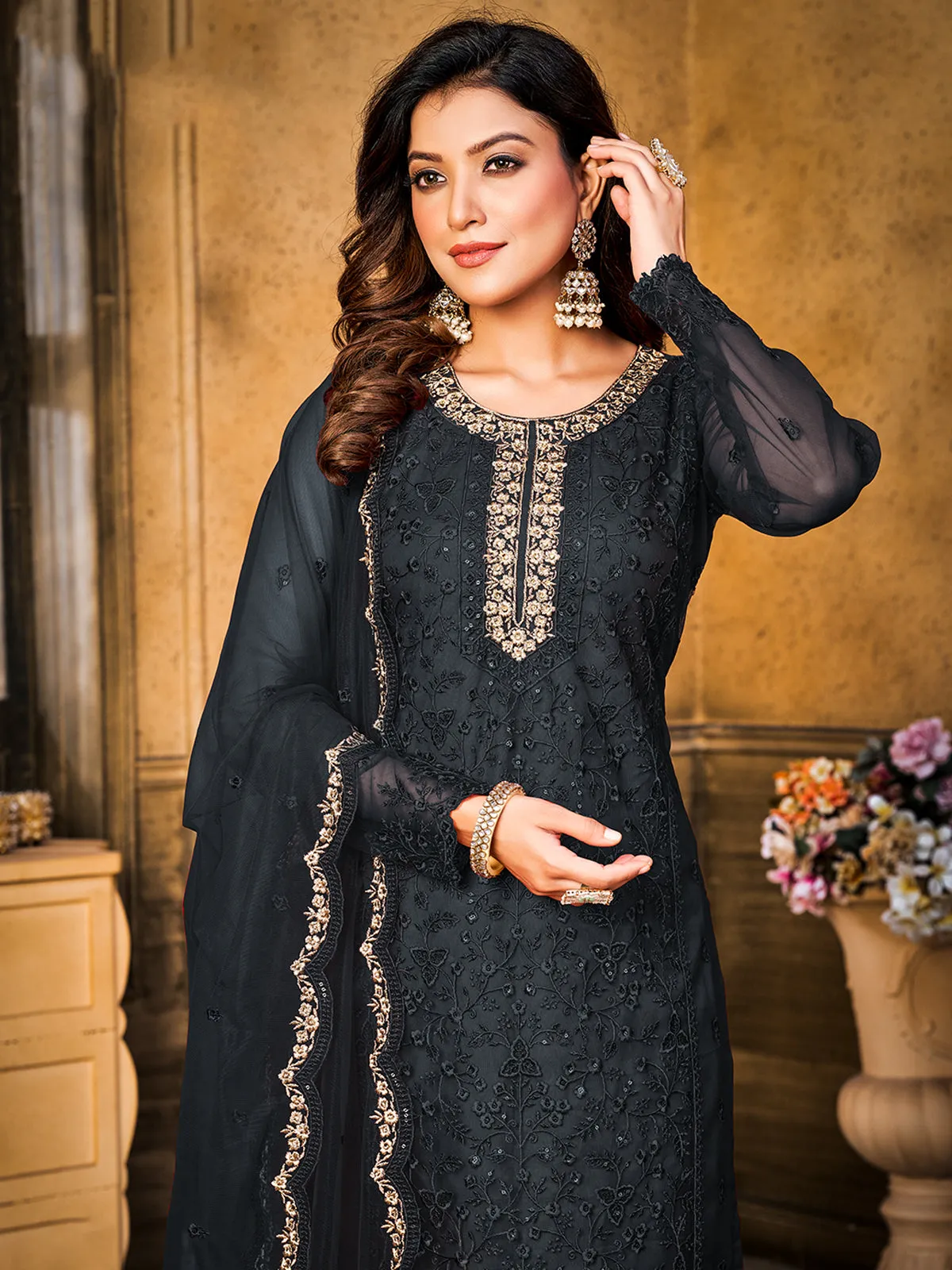 Odette Black Net Embroidered Semi stitched Kurta Set with Inner For Women