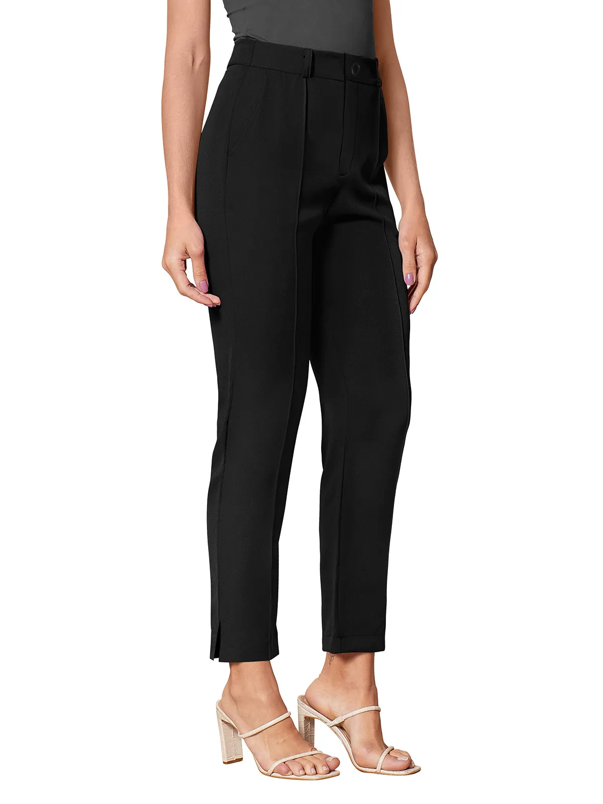 Odette Black Polyester Solid Trouser For Women