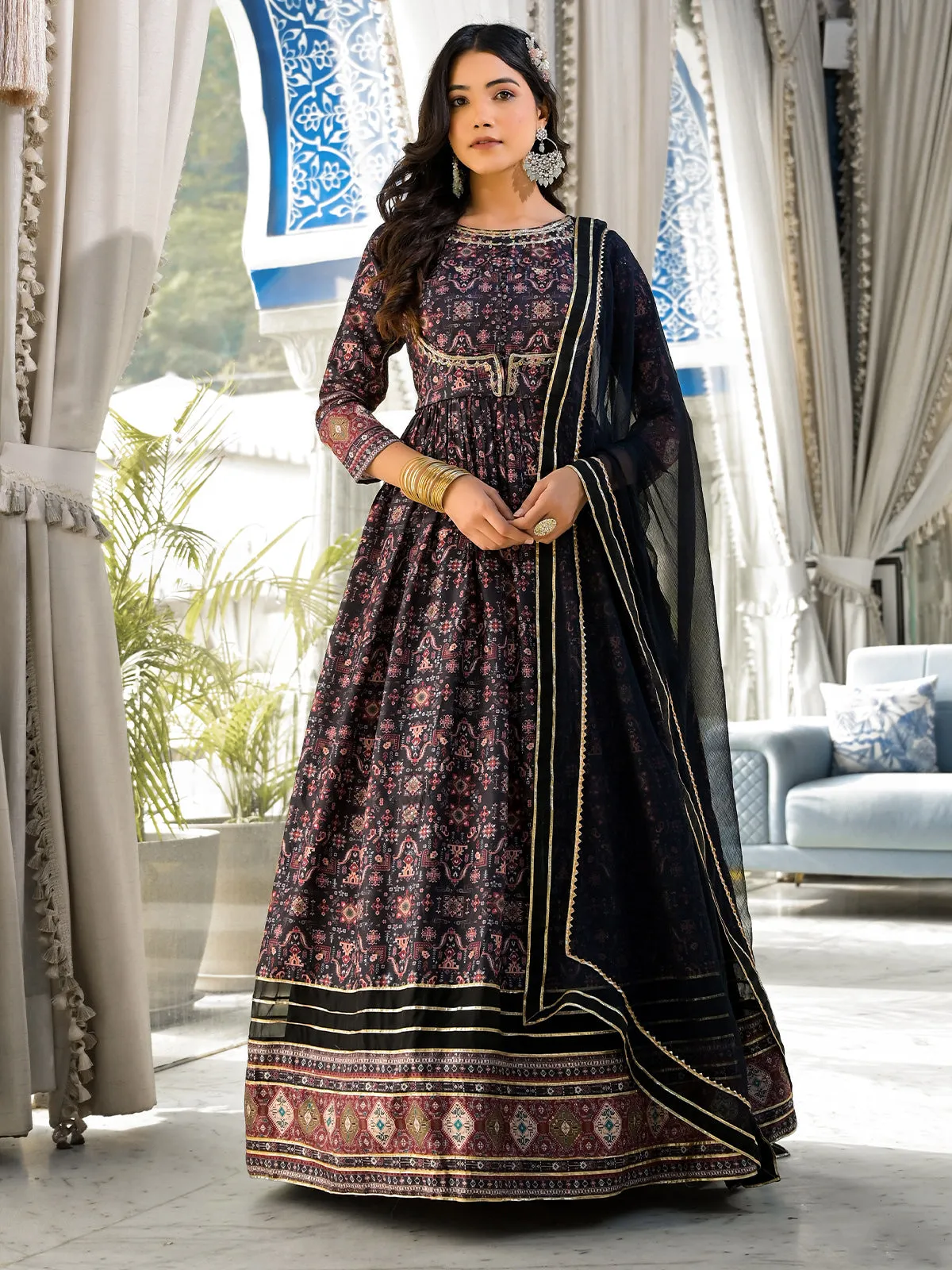 Odette Black Printed Dola Silk Gown with Dupatta For Women