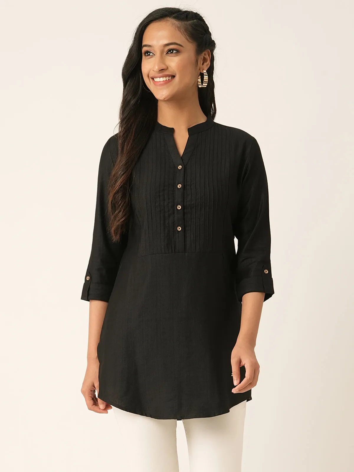 Odette Black Printed Rayon Stitched Short Kurta For Women