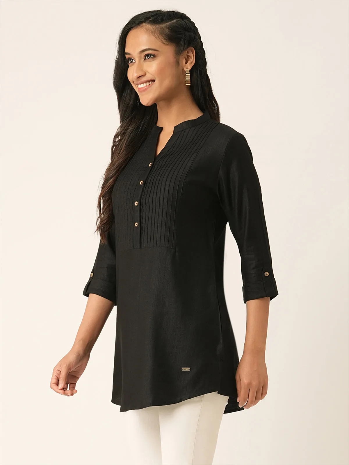 Odette Black Printed Rayon Stitched Short Kurta For Women