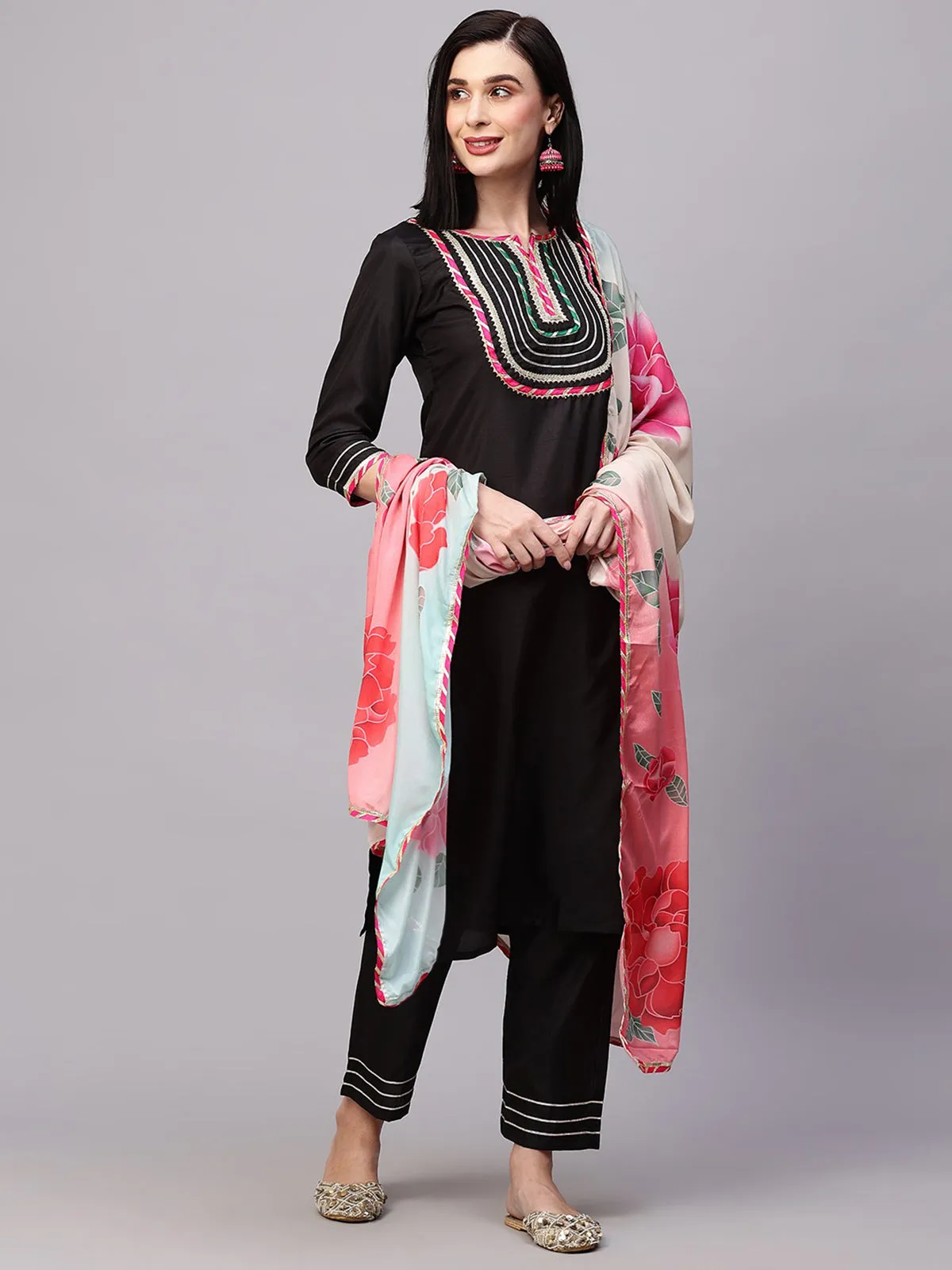 Odette Black Silk Blend Solid Stitched Kurta Set For Women