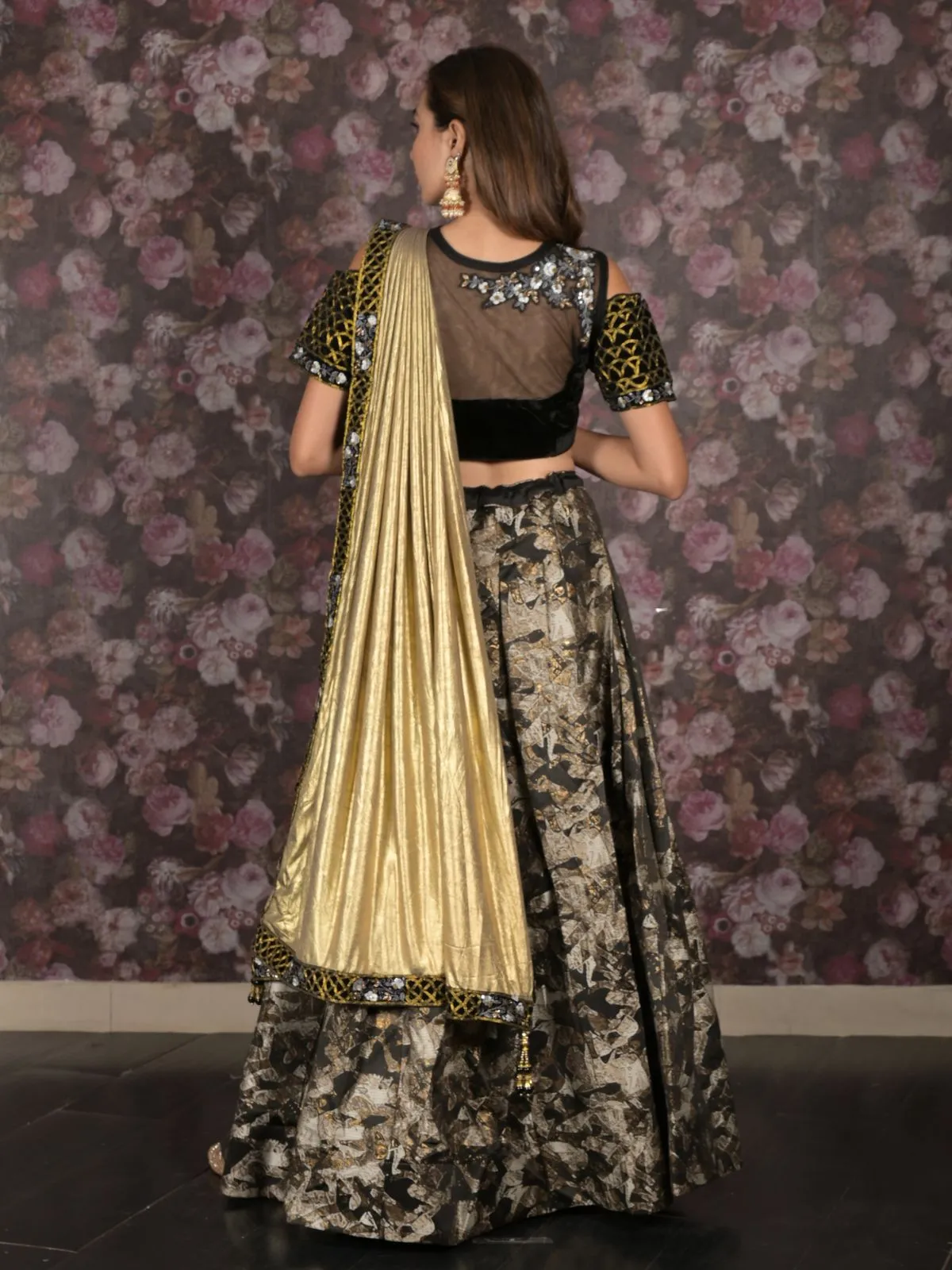 Odette Black Woven Semi Stitched Lehenga Set With Dupatta And Stitched Blouse For Women