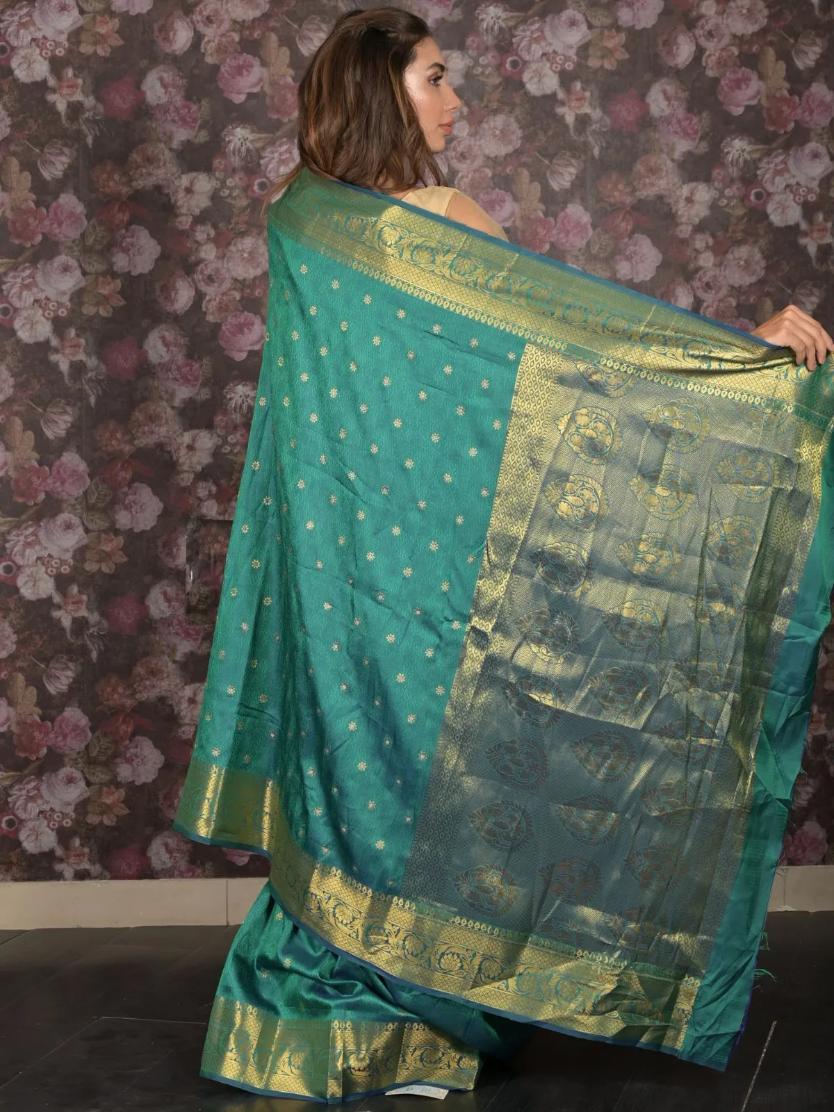 Odette Blue and Green Silk Blend Double Shaded Woven Saree with Unstitched Blouse for Women