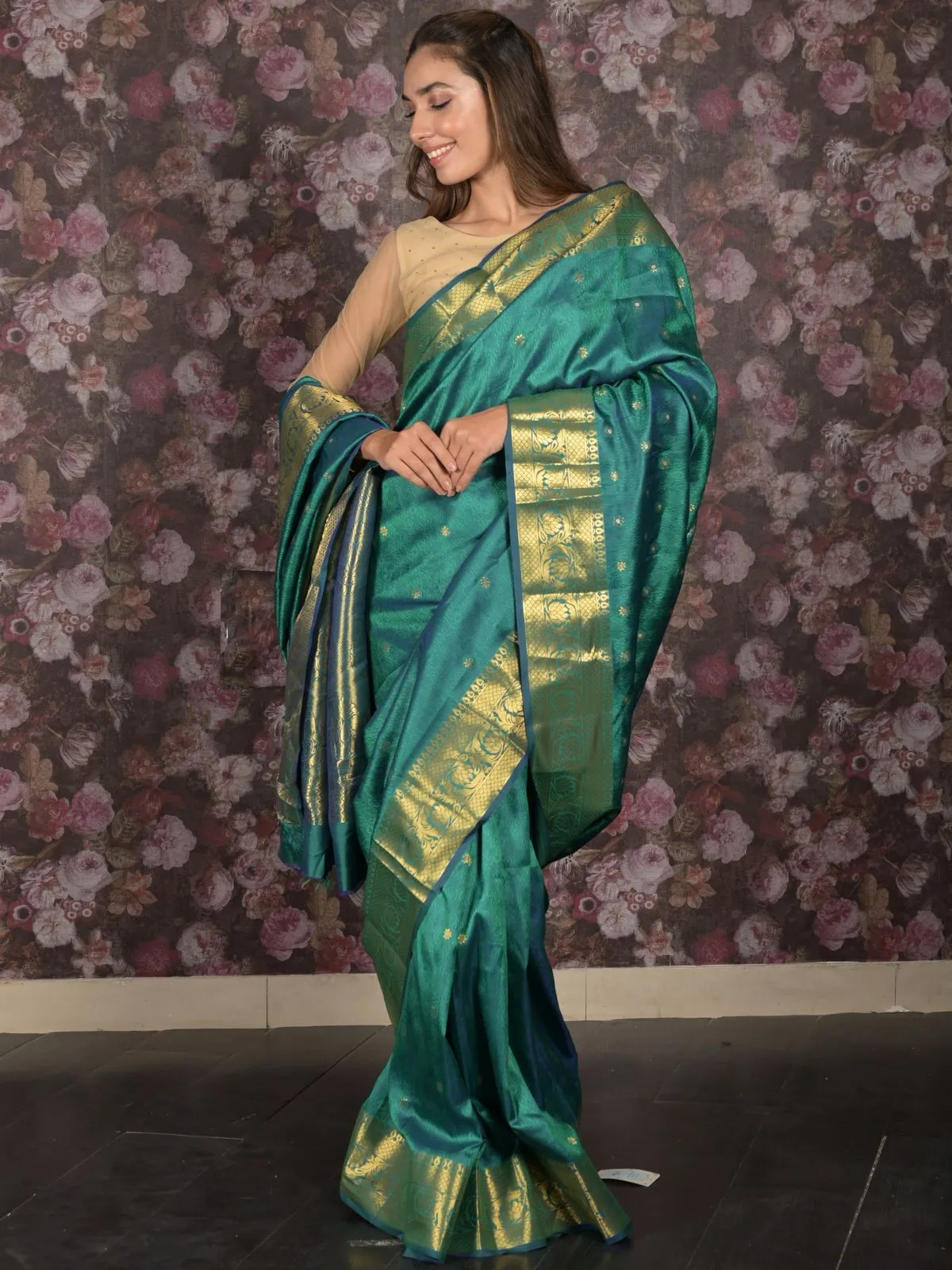 Odette Blue and Green Silk Blend Double Shaded Woven Saree with Unstitched Blouse for Women