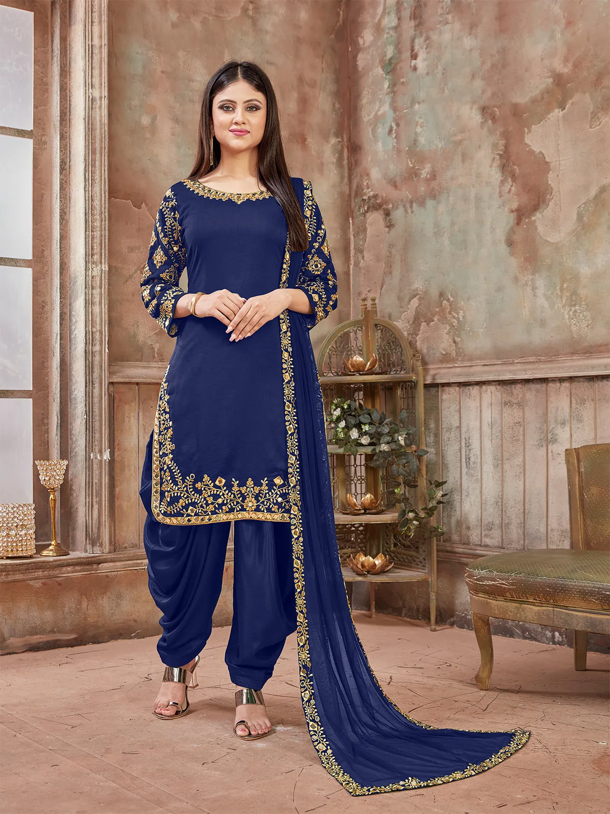 Odette Blue Art silk Embroidered Semi stitched Kurta Set For Women