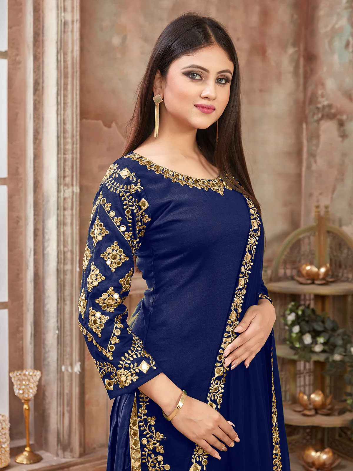 Odette Blue Art silk Embroidered Semi stitched Kurta Set For Women