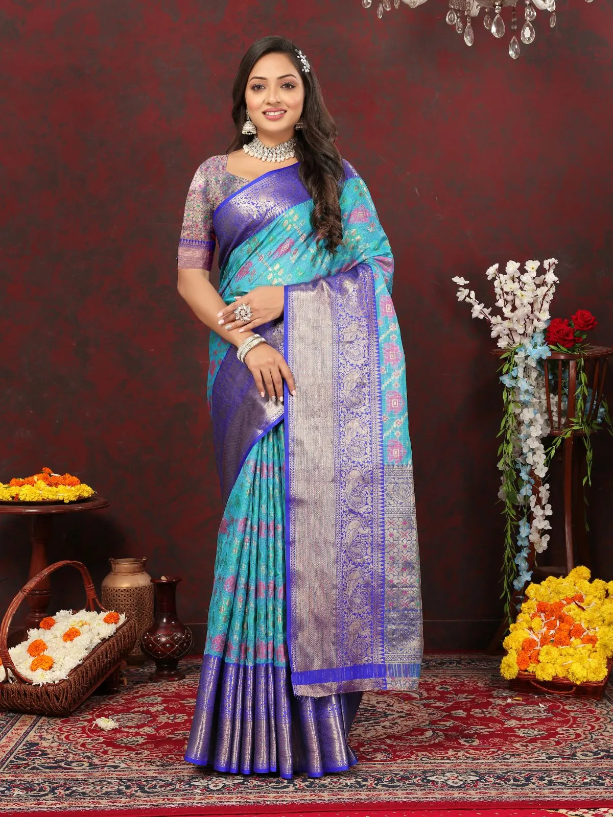 Odette Blue Cotton Blend Woven Saree with Unstitched Blouse for Women