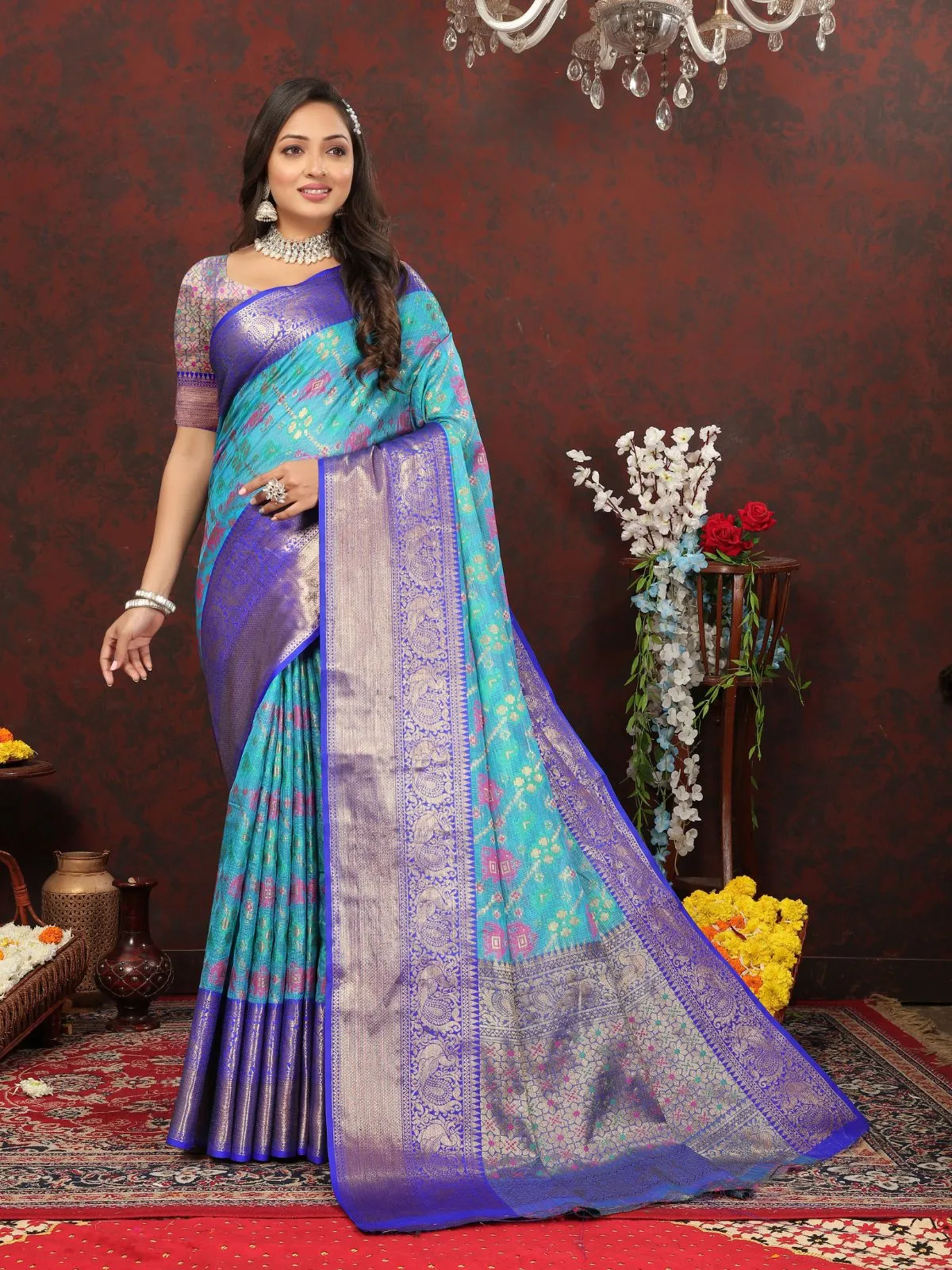 Odette Blue Cotton Blend Woven Saree with Unstitched Blouse for Women