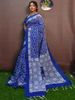 Odette Blue Cotton Printed Saree With Unstitched Blouse For Women