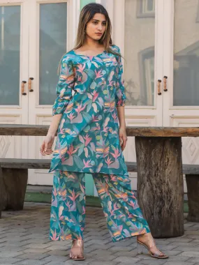 Odette Blue Cotton Printed Stitched Co Ord Set for Women