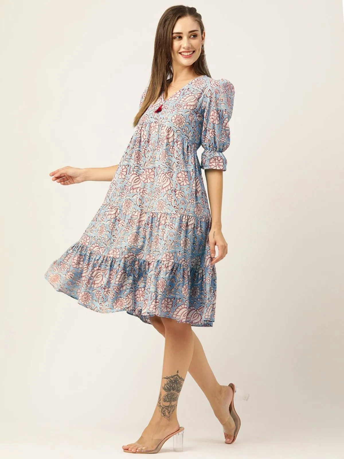 Odette Blue Cotton Printed Stitched Indo Western Dress For Women