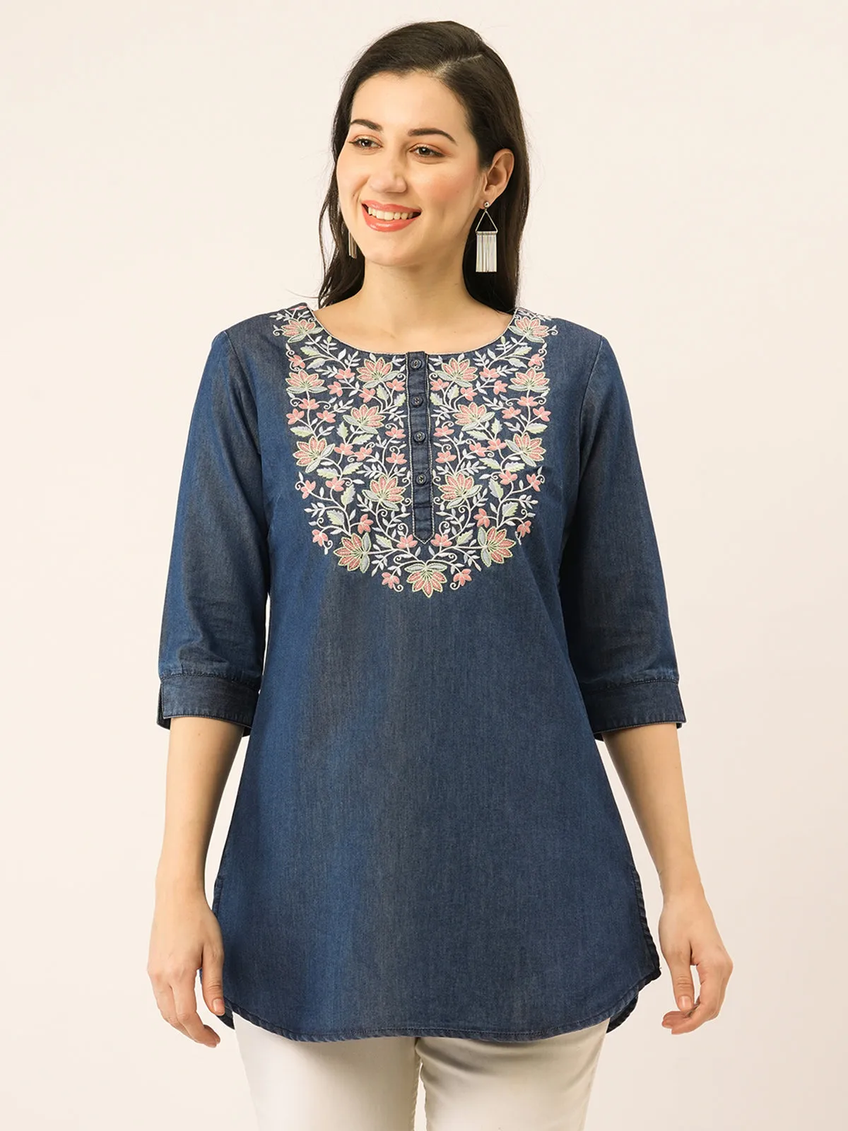 Odette  Dark Blue Denim Stitched Short Kurta For Women