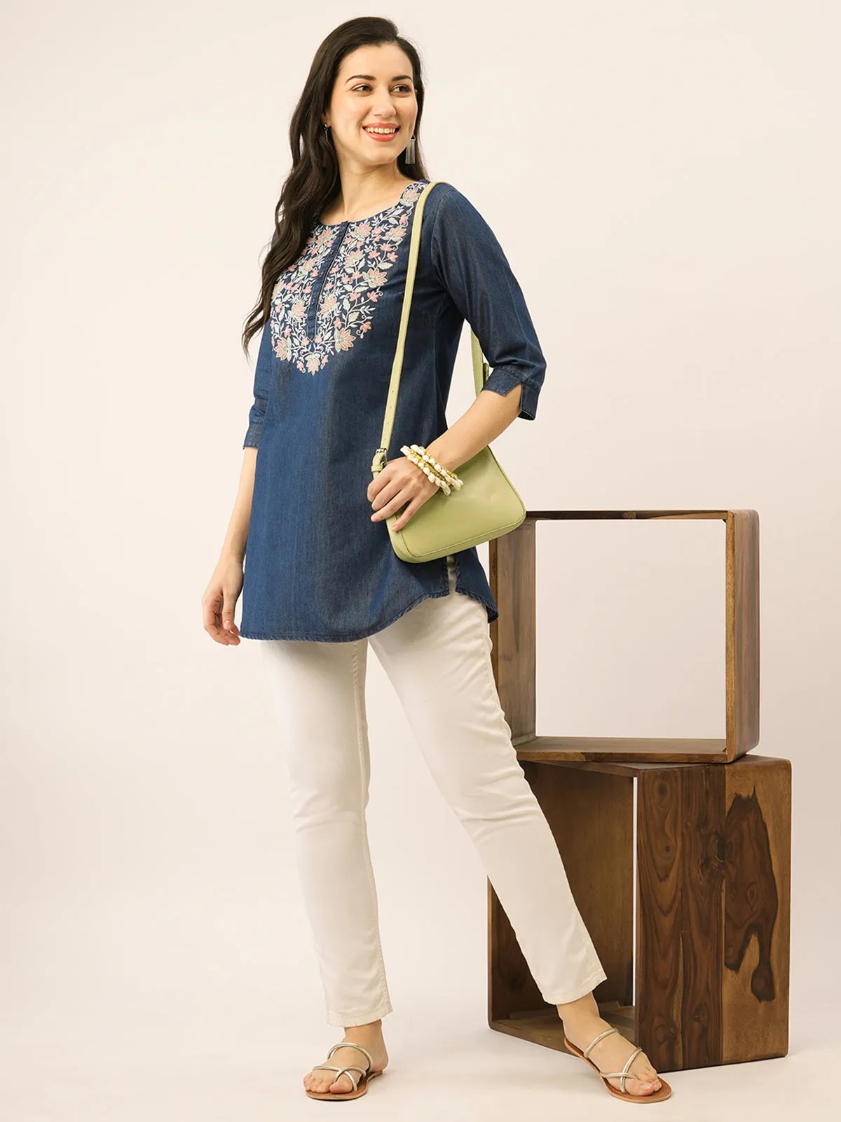 Odette  Dark Blue Denim Stitched Short Kurta For Women