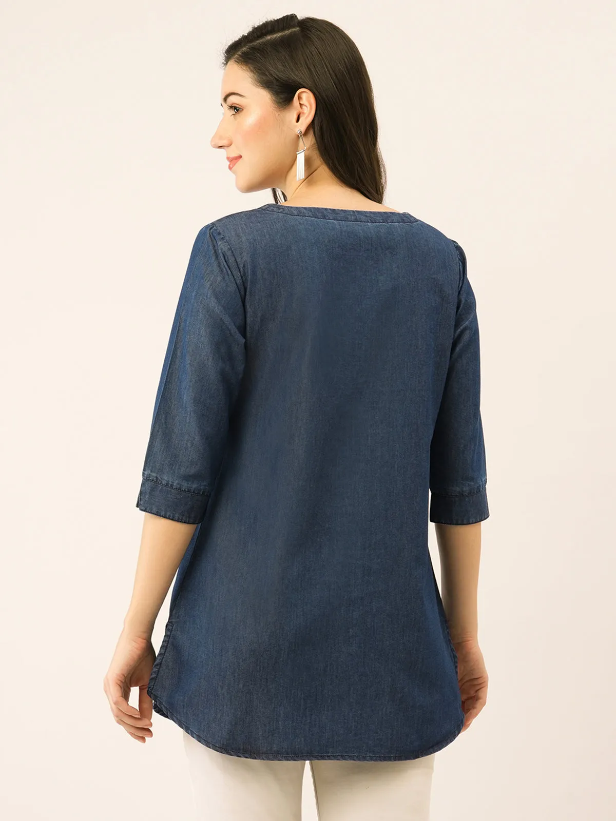 Odette  Dark Blue Denim Stitched Short Kurta For Women