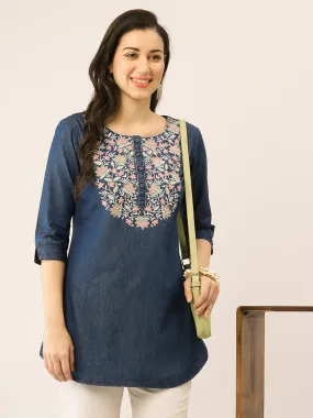 Odette  Dark Blue Denim Stitched Short Kurta For Women