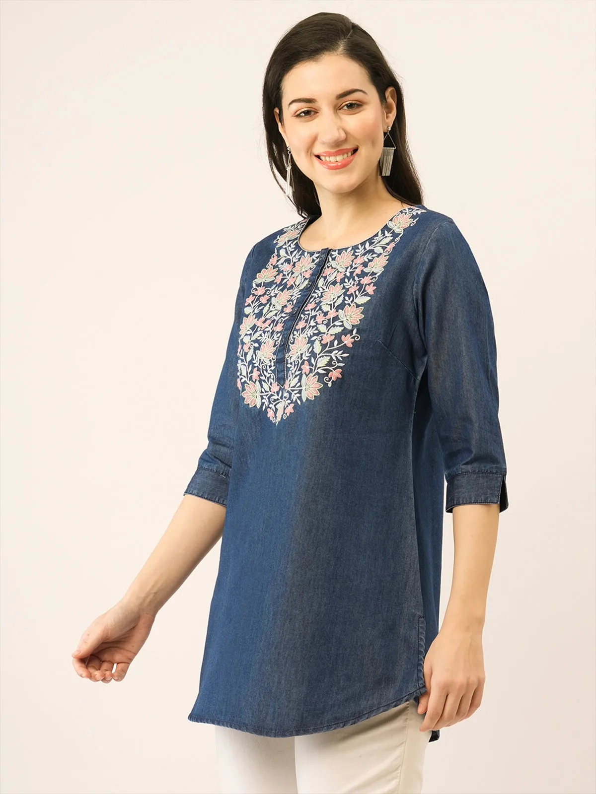 Odette  Dark Blue Denim Stitched Short Kurta For Women