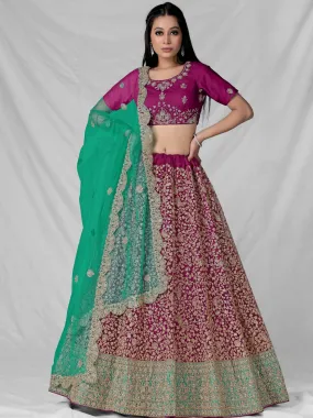 Odette  Magenta Soft Net Semi Stitched  Lehenga With Unstitched Blouse For Women