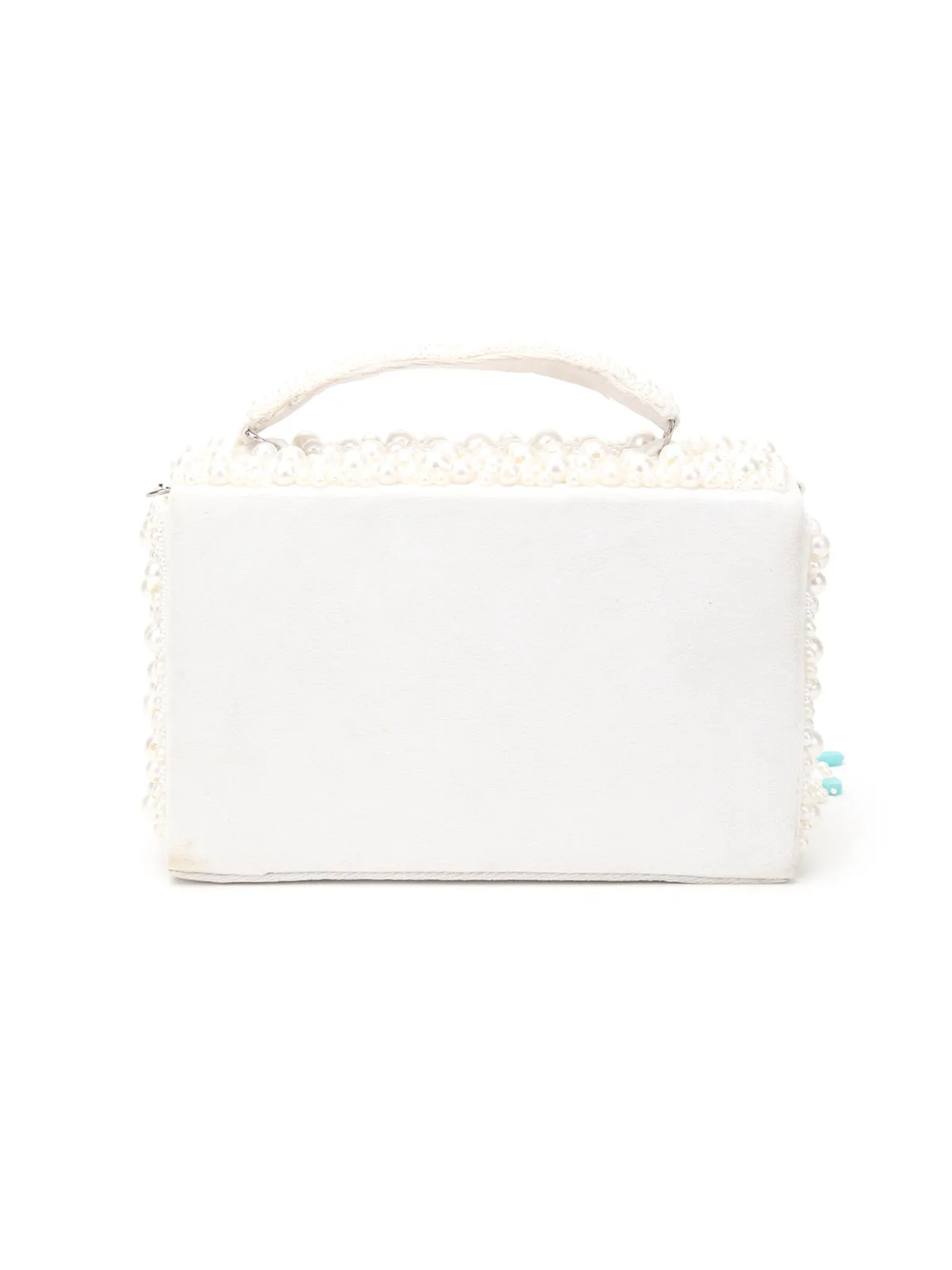 Odette  White And Blue Fabric Pearls Bridal Clutch For Women