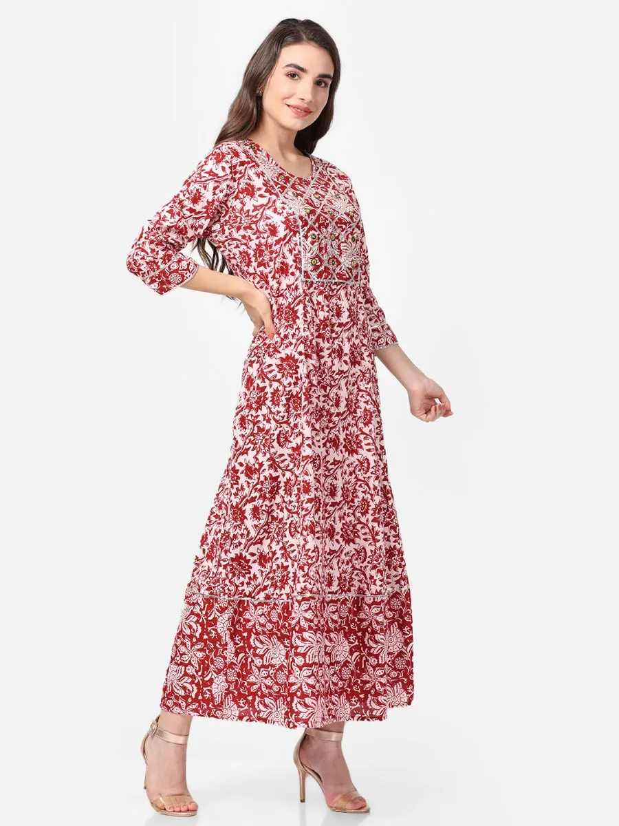 Off White Maroon Floral Printed Dress