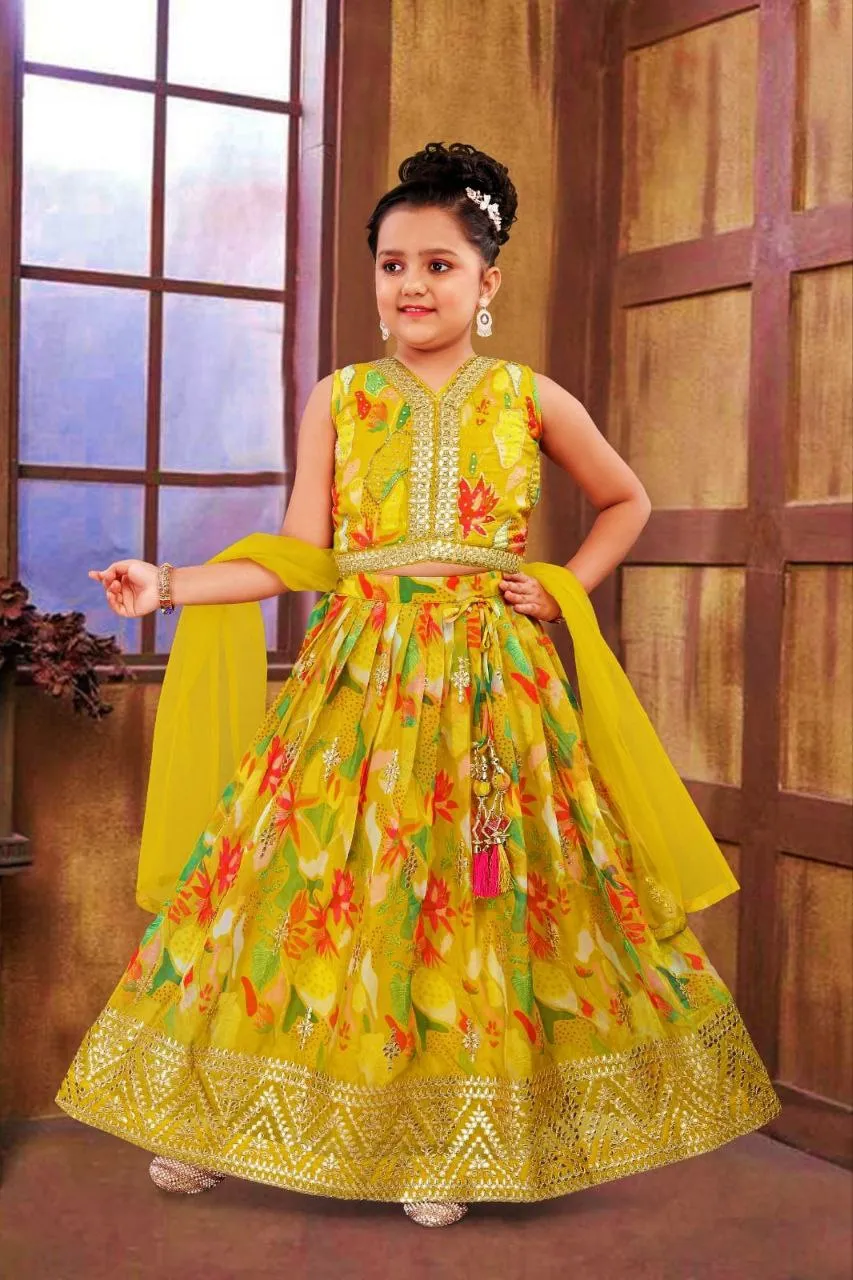 Party wear Sequin Embroidery Kids Girl Lehenga Choli Dupatta Yellow