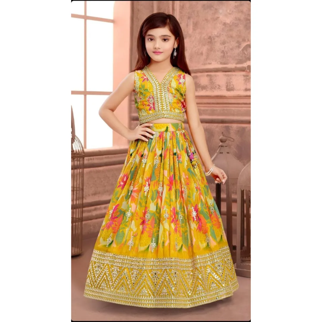 Party wear Sequin Embroidery Kids Girl Lehenga Choli Dupatta Yellow