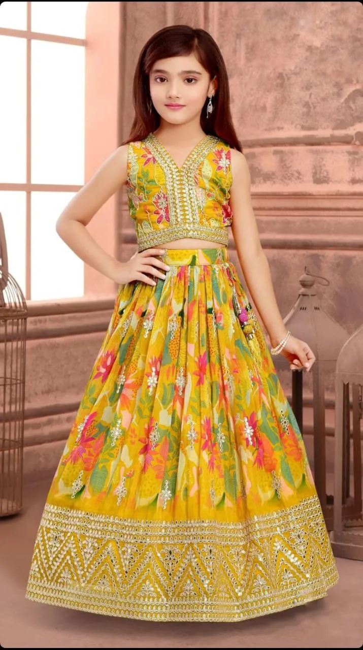 Party wear Sequin Embroidery Kids Girl Lehenga Choli Dupatta Yellow