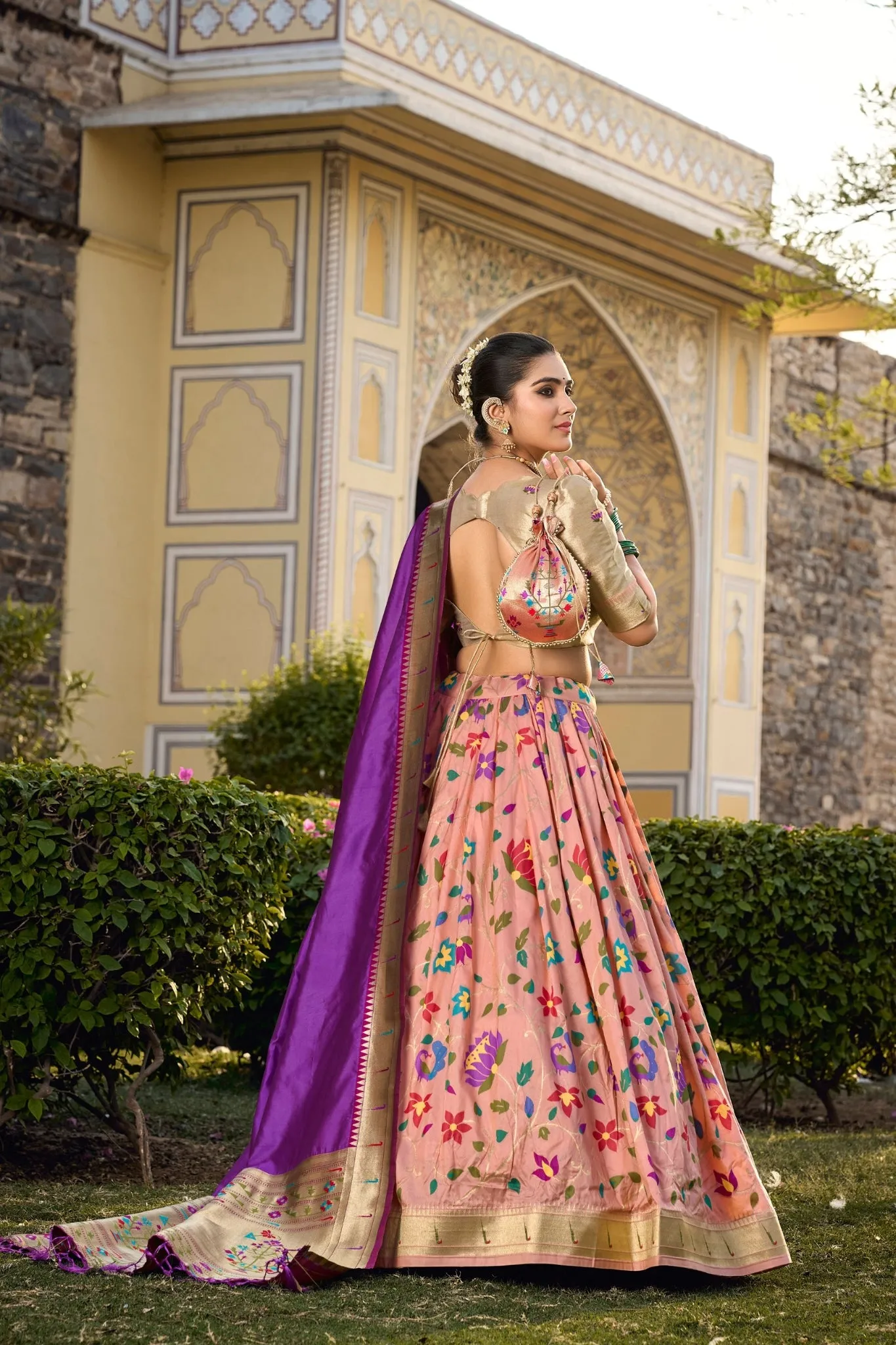 Peach Paithani Jacquard Silk Lehenga Choli