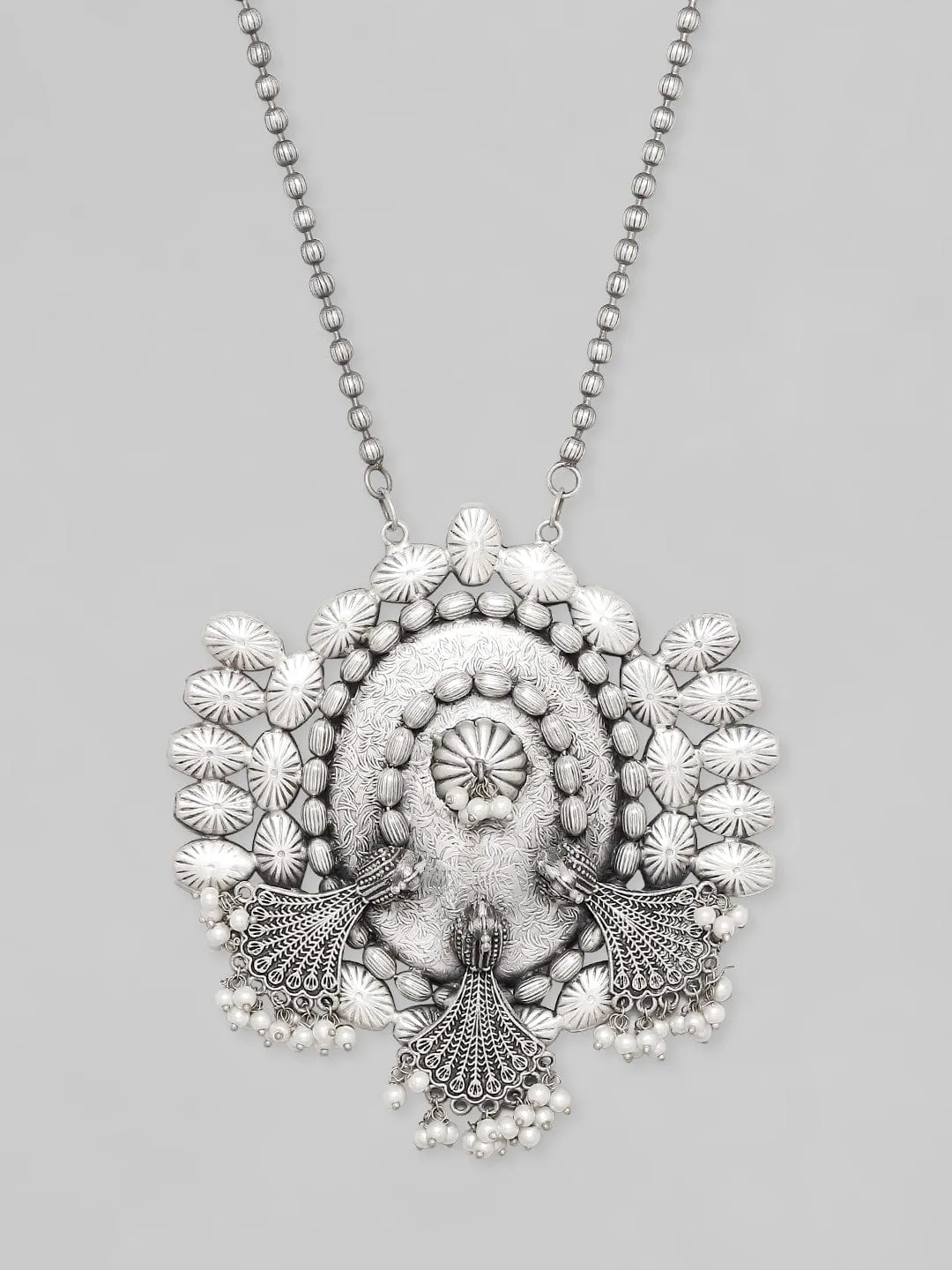 Rubans Silver Oxidised Necklace With Elegant Peacock Design