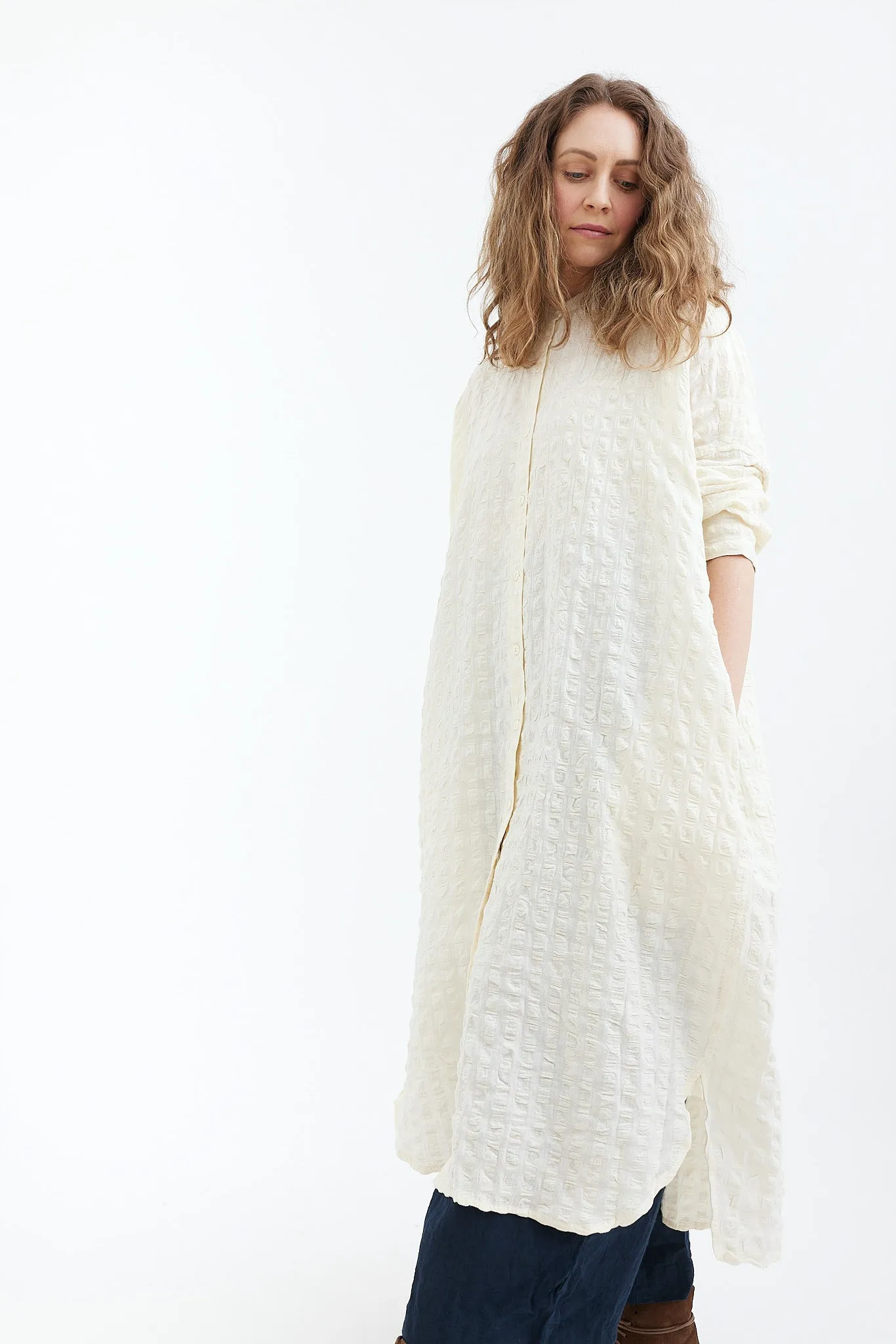 Runaway Bicycle - Meg Seersucker Shirt Dress - Natural White