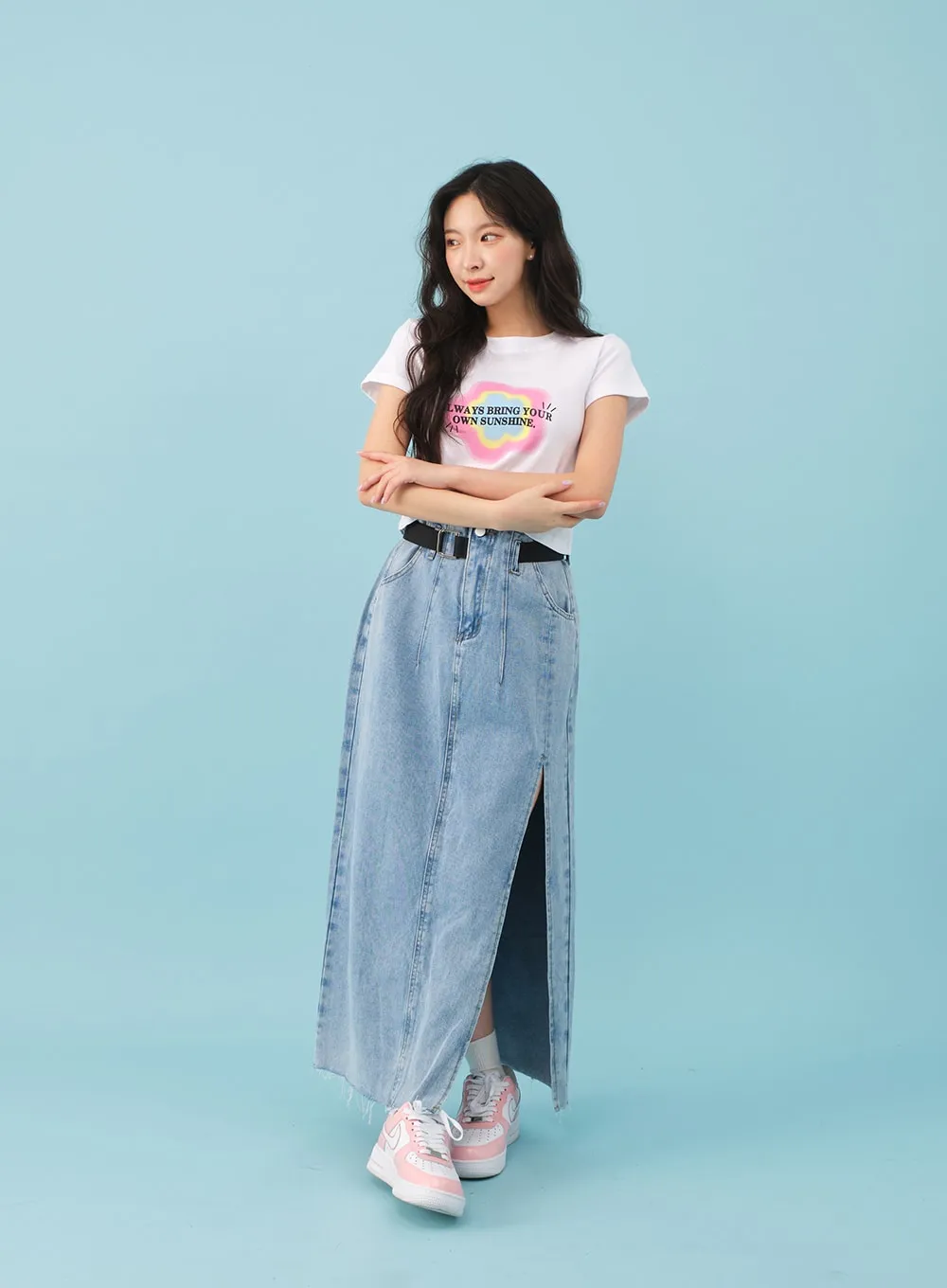 Side Slit Belted Denim Maxi Skirt BJ08